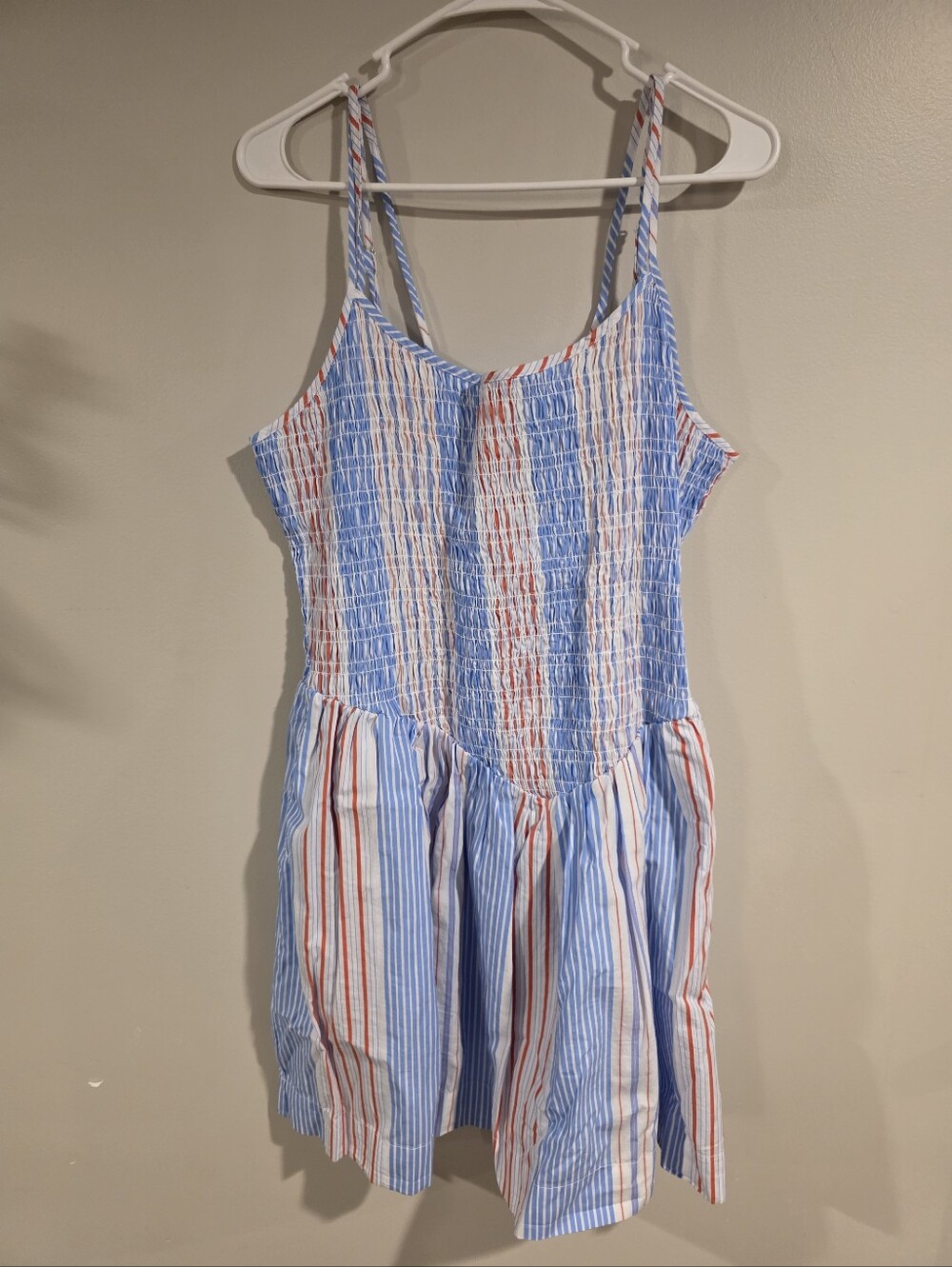Striped Blue and White Midi Dress with Pockets and Red Accents